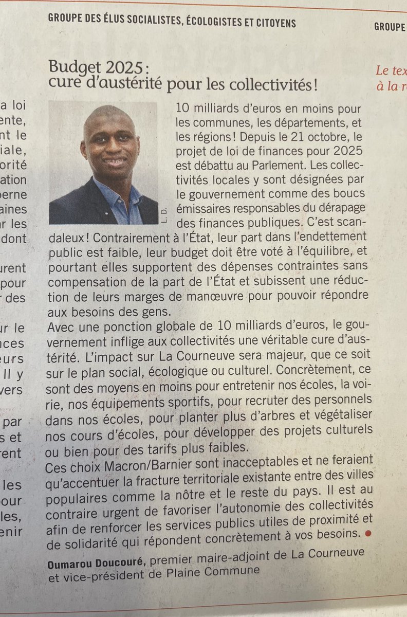 La tribune politique de novembre des élu.es du groupe « Socialistes, écologistes et citoyens » est sortie dans le n°633 du journal Regards🗞️

<a href="/OumarouDouk/">Oumarou Doucouré</a> tire la sonnette d’alarme concernant l’impact délétère du PLF 2025 sur les finances des collectivités.
