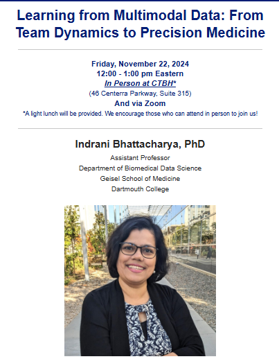 Center for Technology and Behavioral Health (@dartmouthctbh) on Twitter photo This Friday! We welcome new <a href="/BioMedDataSci/">DataScience@Geisel</a> <a href="/CPHAI_Dartmouth/">Dartmouth Center for Precision Health and AI</a> <a href="/GeiselMed/">Geisel School of Medicine at Dartmouth</a> Assistant Professor and CTBH Faculty Affiliate, Indrani Bhattacharya at our next CTBH Seminar!
<a href="/Indrani36864704/">Indrani Bhattacharya</a> #MachineLearning #PrecisionMedicine This Friday! We welcome new <a href="/BioMedDataSci/">DataScience@Geisel</a> <a href="/CPHAI_Dartmouth/">Dartmouth Center for Precision Health and AI</a> <a href="/GeiselMed/">Geisel School of Medicine at Dartmouth</a> Assistant Professor and CTBH Faculty Affiliate, Indrani Bhattacharya at our next CTBH Seminar!
<a href="/Indrani36864704/">Indrani Bhattacharya</a> #MachineLearning #PrecisionMedicine