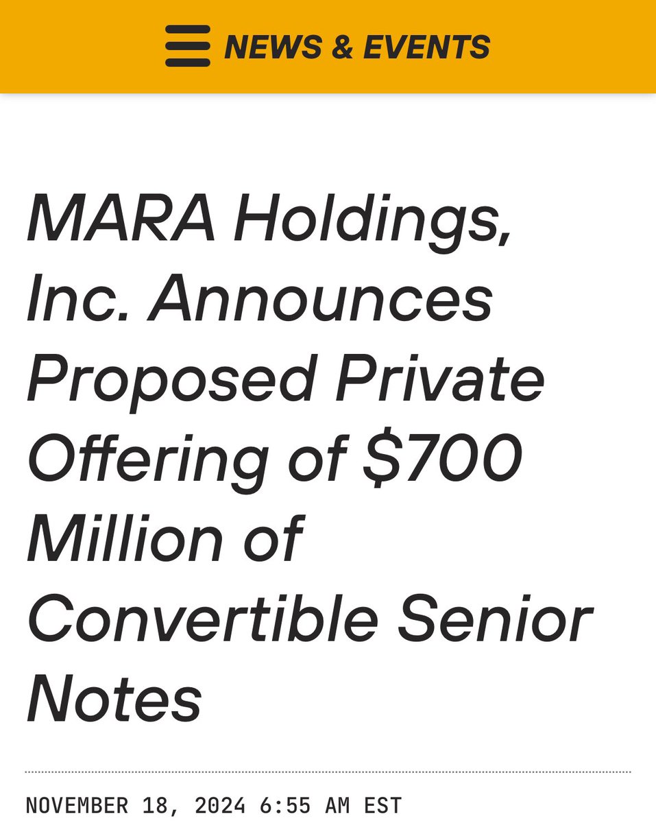 NEW: MARA is adopting the MicroStrategy playbook, planning to sell $700  million in convertible notes to primarily purchase Bitcoin and refinance  existing convertible notes.
