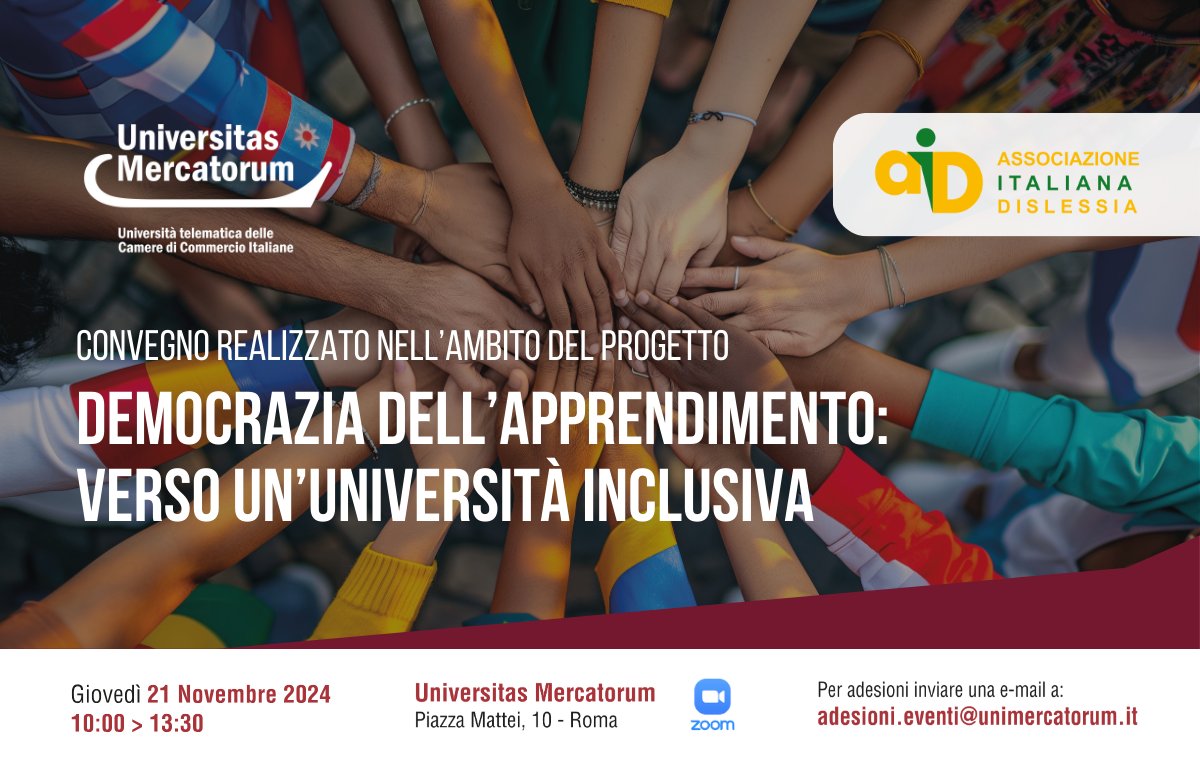 Nell'ambito del progetto "Democrazia dell'apprendimento: l’università per l'inclusione", Universitas Mercatorum e AID promuovono il convegno gratuito e aperto al pubblico "Democrazia dell'apprendimento: verso un'Università inclusiva"!👇
bit.ly/21_uni_aid