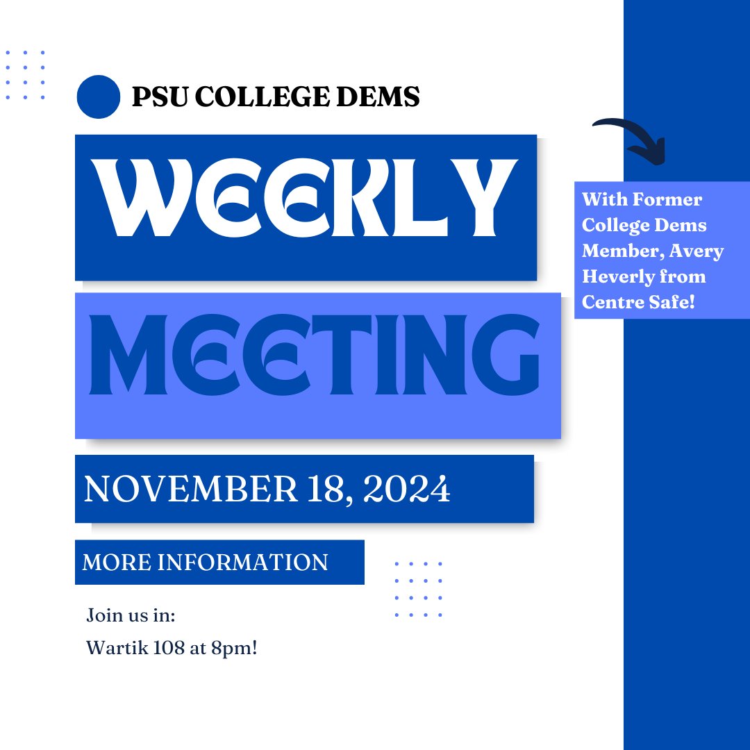 Join us for our meeting tonight in 108 Wartik! We will meet with Former College Dems Member Avery Heverly. Avery now works at Centre Safe and will be talking about their resources with us!