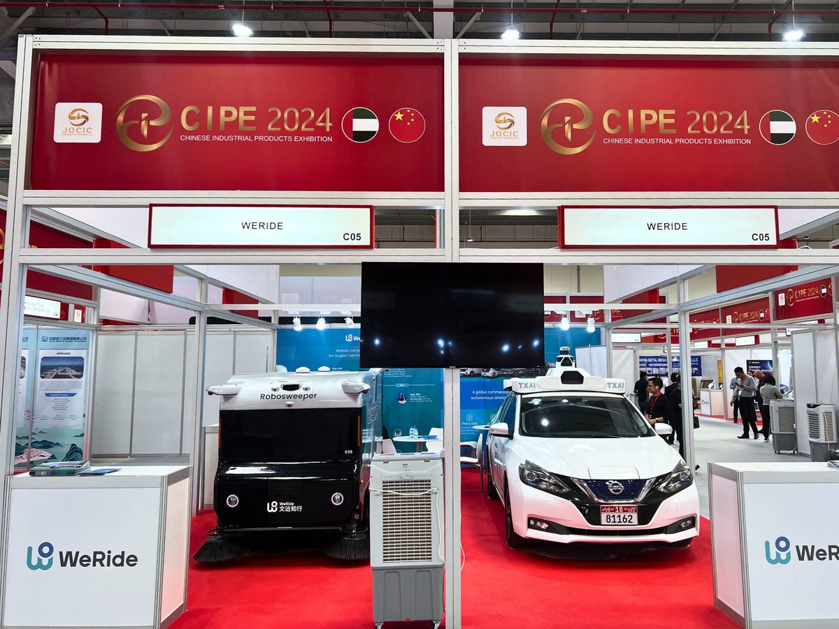 WeRide_ai's tweet photo. As the first publicly listed Robotaxi company, @WeRide proudly showcased our #Robotaxi and #Robosweeper at #CIPE2024 in JOCIC Park - KEZAD, Abu Dhabi. On day one, we saw great enthusiasm from visitors and partners. Join us at booth C05 to explore the future of #autonomousdriving! https://t.co/GtGYXWwMlh