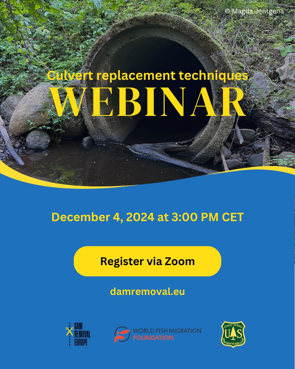 World Fish Migration Day (@fishmigration) on Twitter photo 🗓️ Save the date! Our upcoming webinar focused on #culvert replacement techniques and projects will take place on December 4, 2024 at 3:00 PM CET.
➡️ Register via Zoom - find the link at damremoval.eu/culvert-webina…
<a href="/forestservice/">USDA Forest Service</a> 🗓️ Save the date! Our upcoming webinar focused on #culvert replacement techniques and projects will take place on December 4, 2024 at 3:00 PM CET.
➡️ Register via Zoom - find the link at damremoval.eu/culvert-webina…
<a href="/forestservice/">USDA Forest Service</a>