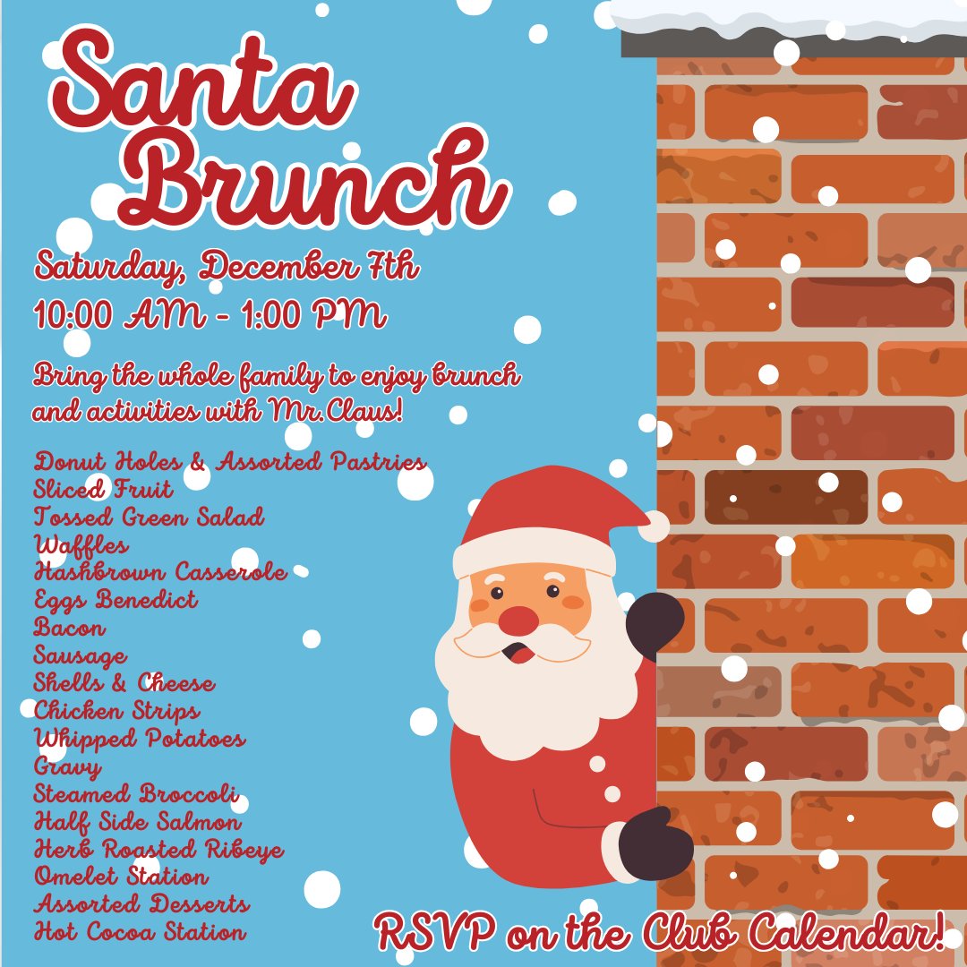 𝓢𝓪𝓷𝓽𝓪 𝓑𝓻𝓾𝓷𝓬𝓱
Saturday, December 7, 10:00 AM - 1:00 PM

Please refer to the Club Calendar for the Thanksgiving Buffet menu!

elmcrestcountryclub.com/default.aspx?p…

#ECCClubhouseEvents #ECCSantaBrunch