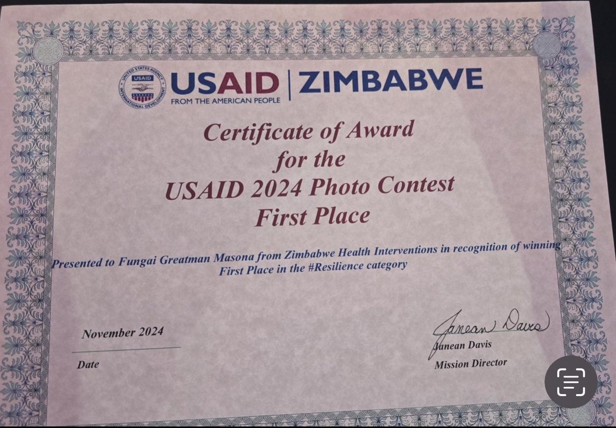G R E A T M A Nβ¨π¨π½βπ»π₯ (@masona_fungai) on Twitter photo I am thrilled to share that I have won the USAID Zimbabwe 2024 Photo Contest Award under the Resilience category! πΈβ¨
This recognition is a testament to the incredible stories of strength and perseverance that I have the privilege of capturing through <a href="/zhi4health/">Zimbabwe Health Interventions</a> . I am thrilled to share that I have won the USAID Zimbabwe 2024 Photo Contest Award under the Resilience category! πΈβ¨
This recognition is a testament to the incredible stories of strength and perseverance that I have the privilege of capturing through <a href="/zhi4health/">Zimbabwe Health Interventions</a> .
