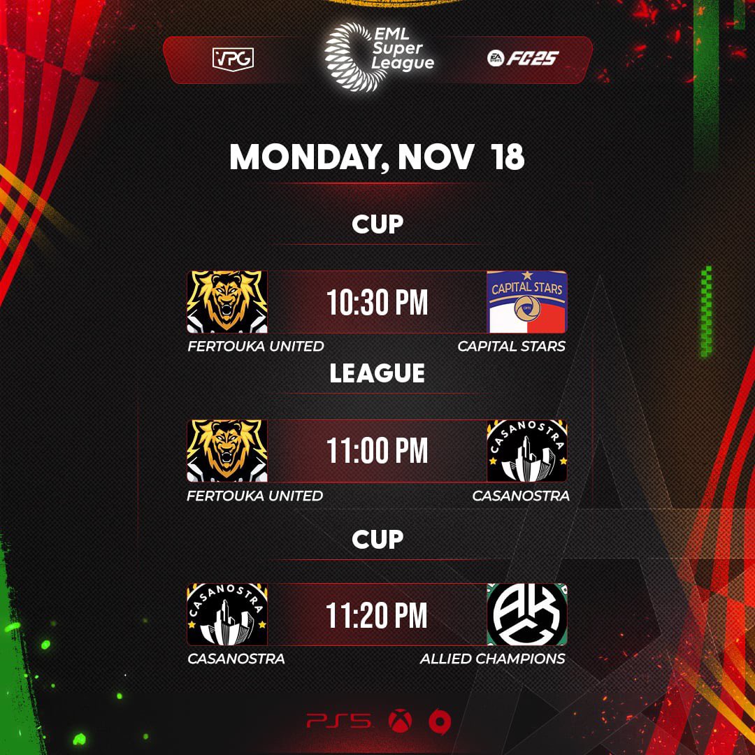 E-Moroccan League (@vpg_eml) on Twitter photo ๐ฎ EML Super League Kickoff
Hosted at <a href="/OfficialVPG/">Virtual Pro Gaming</a>
๐
Monday, Nov 18
๐ต 10:30 PM - Fertouka United ๐ Capital Stars
โฝ 11:00 PM - Fertouka United ๐ Casanostra
๐ด 11:20 PM - Casanostra ๐ Allied Champions
๐บ ttv/vpg_eml
๐ฅ Donโt miss the action! #EMLSuperLeague #EAFC25 ๐ฎ EML Super League Kickoff
Hosted at <a href="/OfficialVPG/">Virtual Pro Gaming</a>
๐
Monday, Nov 18
๐ต 10:30 PM - Fertouka United ๐ Capital Stars
โฝ 11:00 PM - Fertouka United ๐ Casanostra
๐ด 11:20 PM - Casanostra ๐ Allied Champions
๐บ ttv/vpg_eml
๐ฅ Donโt miss the action! #EMLSuperLeague #EAFC25