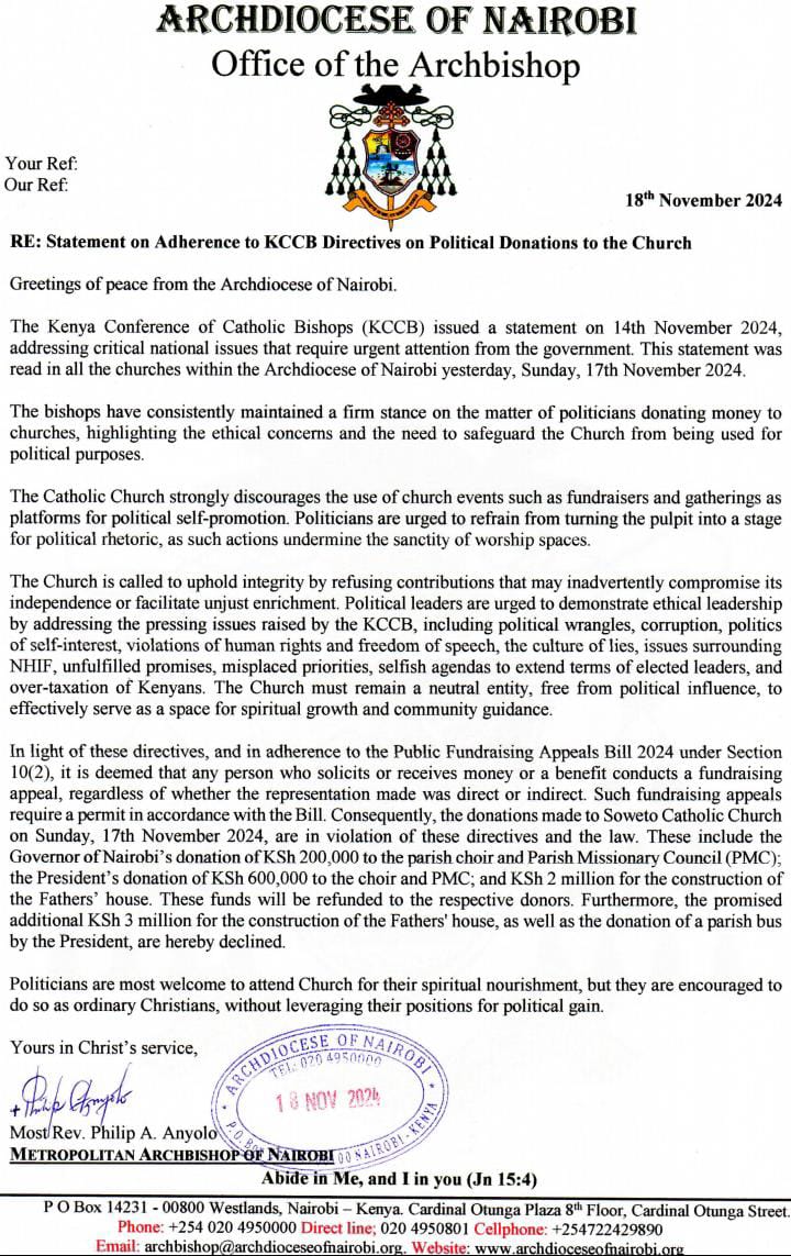 Archdiocese of Nairobi- ADN (@nairobiarchdioc) on Twitter photo Statement on Adherence to <a href="/KenyaKccb/">KENYA CONFERENCE OF CATHOLIC BISHOPS(KCCB)</a> Directives on Political Donations to the Church. <a href="/MagazineSeed/">The Seed Magazine</a> <a href="/MkatolikiDaima/">Mkatoliki Daima</a> <a href="/CatholicMediaN1/">Catholic Media Network</a> Statement on Adherence to <a href="/KenyaKccb/">KENYA CONFERENCE OF CATHOLIC BISHOPS(KCCB)</a> Directives on Political Donations to the Church. <a href="/MagazineSeed/">The Seed Magazine</a> <a href="/MkatolikiDaima/">Mkatoliki Daima</a> <a href="/CatholicMediaN1/">Catholic Media Network</a>