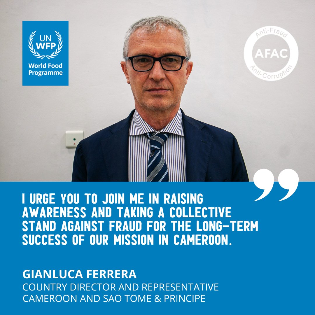 WFP Cameroon (@wfp_cameroon) on Twitter photo #Cameroon🇨🇲
Today marks the launch of <a href="/WFP/">World Food Programme</a> Anti-Fraud and Anti-Corruption (AFAC) awareness week with the aim to:
✅ Reinforce understanding of AFAC policy
✅ Reaffirm commitment to WFP’s zero tolerance
✅ Familiarize with appropriate reporting channels
CD @GianlucaFerrera👇👇👇 #Cameroon🇨🇲
Today marks the launch of <a href="/WFP/">World Food Programme</a> Anti-Fraud and Anti-Corruption (AFAC) awareness week with the aim to:
✅ Reinforce understanding of AFAC policy
✅ Reaffirm commitment to WFP’s zero tolerance
✅ Familiarize with appropriate reporting channels
CD @GianlucaFerrera👇👇👇