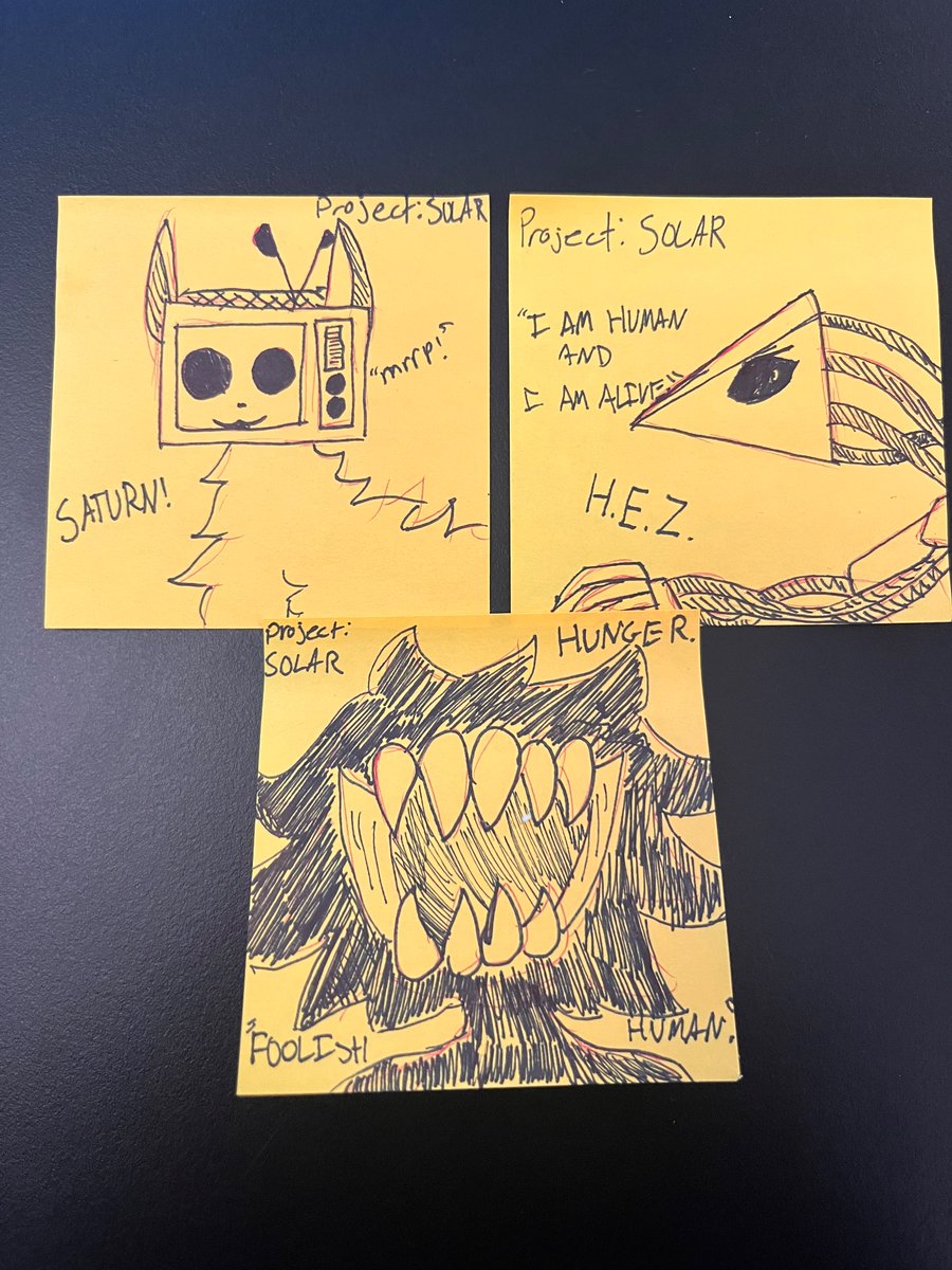 ProjectSolarWIP's tweet image. 3 of the characters jn the game and some sticky note art