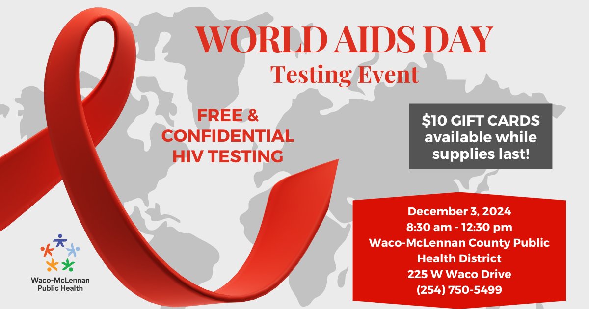 wacohealthdept's tweet image. Treating people with HIV not only saves lives but also prevents the transmission of the virus to others. Waco-McLennan Public Health observes World AIDS Day by providing FREE rapid HIV tests on 12/3, from 8:30 am to 12:30 pm at the Health District. #KnowYour Status #PublicHealth