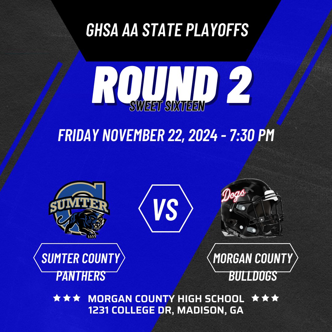 SC_PANTHER_FB's tweet image. It’s game week. Round 2, better known as the Sweet 16. Come out and support your Panthers this Friday as they take on Morgan County Bulldogs in Madison, GA. See you soon! #Szn2 #Round2 #GoHunt #TheHuntContinues #PantherPride 🐾🏈💙