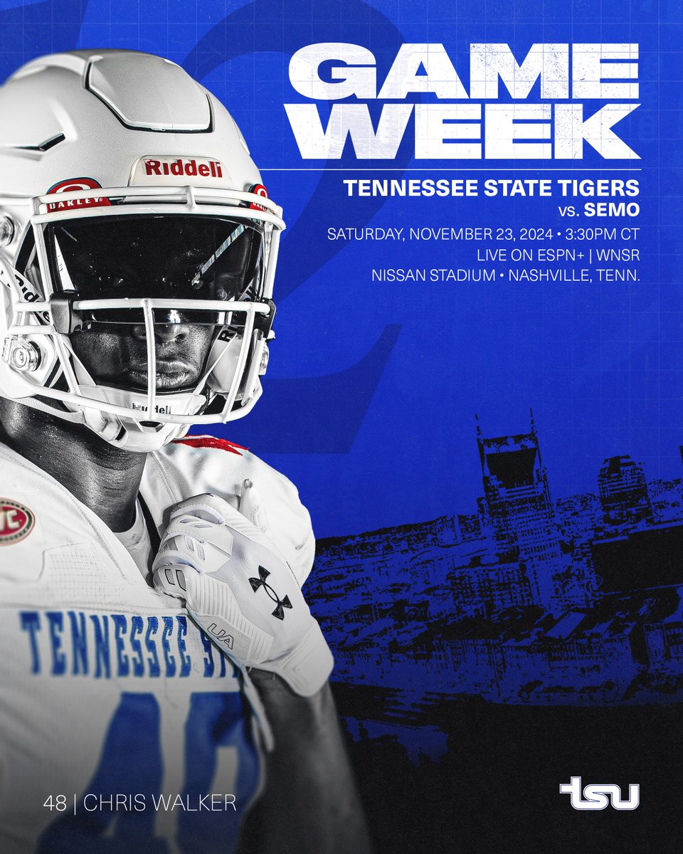 Tennessee State Football (@tsutigersfb) on Twitter photo Leave No Doubt.
๐ SEMO
๐ Nashville, Tenn.
๐๏ธ <a href="/NissanStadium/">Nissan Stadium</a>
๐๏ธ Nov. 23
โ๏ธ 3:30 PM CT
๐ป <a href="/NashSportsRadio/">WNSR - Nashville Sports Radio</a>
๐บ ESPN+
#RoarCity x #GUTS Leave No Doubt.
๐ SEMO
๐ Nashville, Tenn.
๐๏ธ <a href="/NissanStadium/">Nissan Stadium</a>
๐๏ธ Nov. 23
โ๏ธ 3:30 PM CT
๐ป <a href="/NashSportsRadio/">WNSR - Nashville Sports Radio</a>
๐บ ESPN+
#RoarCity x #GUTS