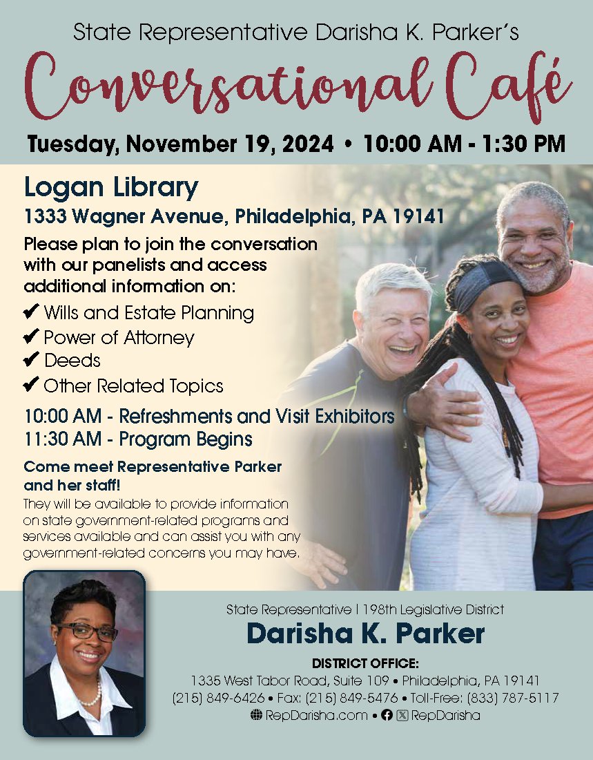 Join me TOMORROW Nov. 19 for my Conversational Cafe!

Have a conversation w/ the experts about making wills &amp; real estate planning, power of attorney &amp; more to help you navigate these complicated tasks 

Come out to Logan Library tomorrow at 10 a.m., I hope you can come!