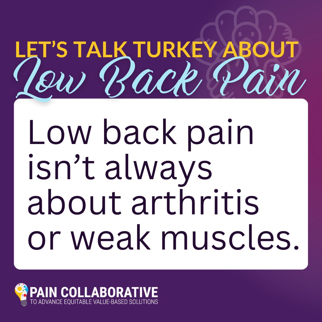 Let's #TalkTurkeyAboutLowBackPain! A common belief is that #LowBackPain is caused by arthritis, bad posture, or weak core muscles. In fact, it’s usually more complicated than that. Stress, feeling lonely, worry, or not moving enough can also play a big role. #LowBackPainRealities