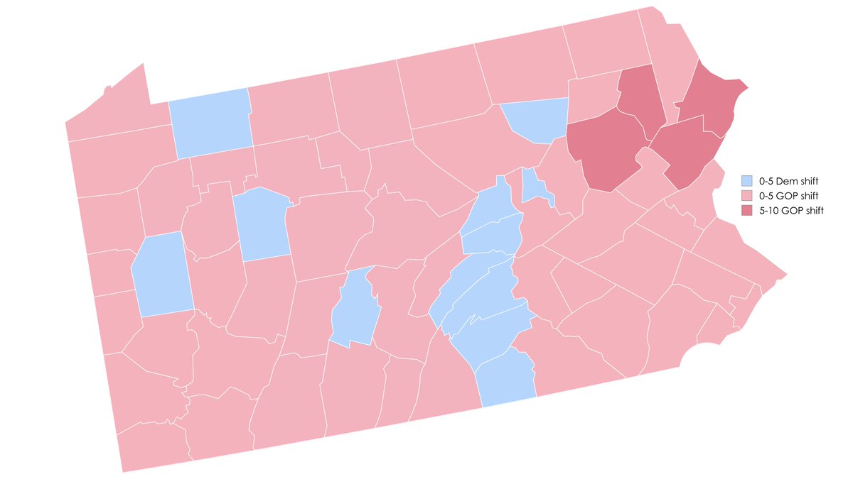 PviGuy's tweet image. #ElectionTwitter Here's a map of the swing by county in Pennsylvania from 2020 to 2024. Trump made gains throughout the state, with the largest shifts happening in the Scanton-Wilkes Barre area (where Biden grew up) and in Pike &amp;amp; Monroe (which are in the NYC media market)