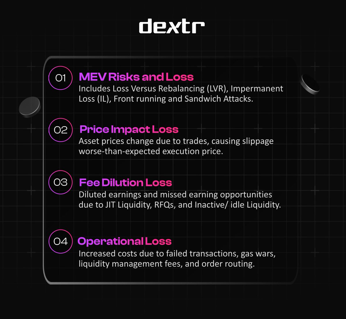 Where on-chain #liquidity meets infinite possibilities. 🌐

Dextr tackles:
🔍 #MEV risks (#LVR, front-running)
📉 Price impact &amp; #slippage
💸 #Fee dilution for #LPs
⚙️ Operational inefficiencies 

Join the Movement: zurl.co/YWDx 
#DeFi #Crypto #Web3