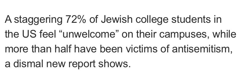 ShabbosK's tweet image. HORRIFIC: New report shows 72% of US Jewish students don’t feel welcomed on campus. 52% personally experienced antisemitism. We MUST:
-withhold federal funding
-tax the endowments
-deport lawbreaking foreign students
-issue non-accreditation
 -ban DEI from public colleges