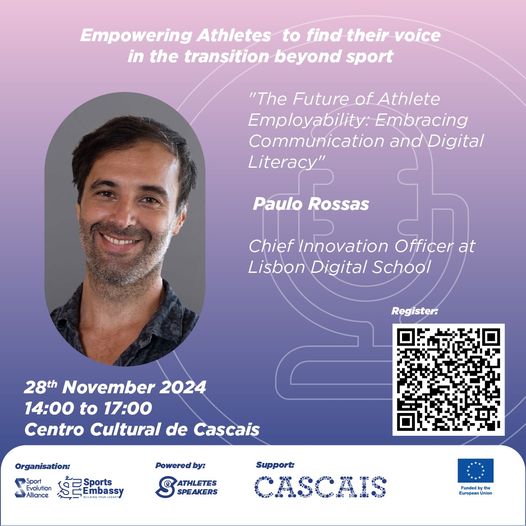 28th November, between 14h00 and 17h00
Centro Cultural de Cascais

Conference - Empowering Athletes to find their voice in the transition beyond sport, featuring the inspiring Paulo Rossas

Link for registration:
docs.google.com/.../1FAIpQLSfL…