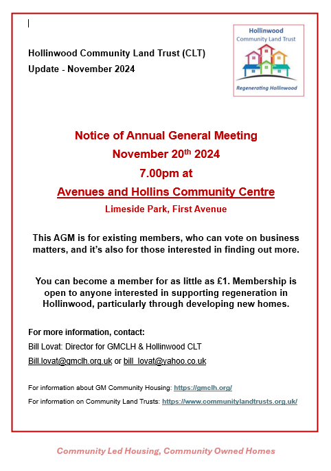 BillRegenX's tweet photo. Hollinwood Community Land Trust AGM Wednesday November 20th 7.00 at Avenues &amp; Hollins Community Centre (Limeside Park) - supporting community housing and local regeneration. @Oldham_Hour https://t.co/fW4x6qv9qG