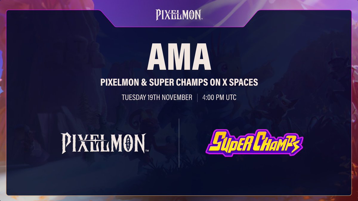 Pixelmon x Super Champs

Join us for an AMA with <a href="/SuperChampsHQ/">Super Champs</a>! Explore this exciting Mobile Game &amp; Entertainment Franchise as they build an animated METAVERSE starring the world’s premier super athletes.

x.com/i/spaces/1ZkKz…