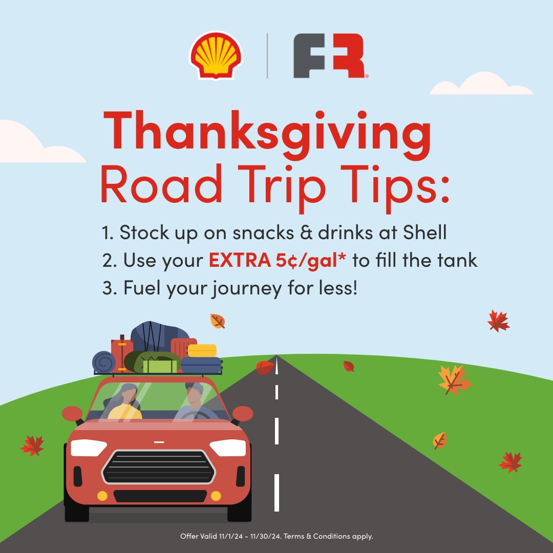 ⛽🚗 Hitting the road for Thanksgiving? Stock up on select snacks &amp; drinks in-store at participating Shell stations &amp; earn extra Fuel Rewards® savings to use on your next fill. #Platinum earns 2X! 
Details: bit.ly/3XPEAZd
