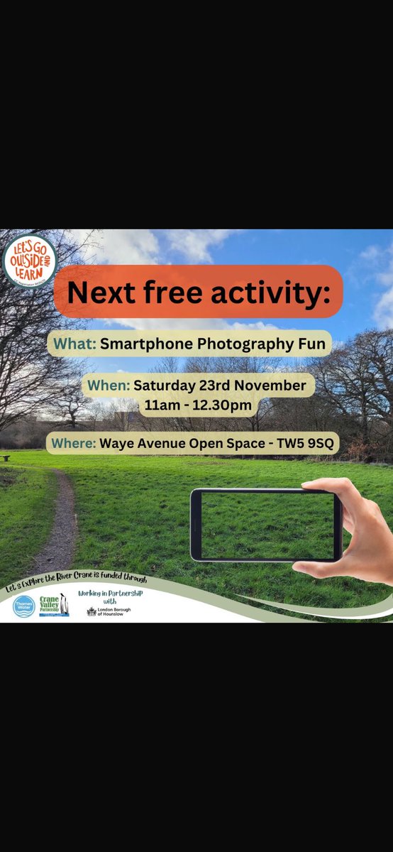 Let's Go Outside & Learn (@letoutside) on Twitter photo Practise smartphone photography skills and join us on a gentle walk through Waye Avenue
🕓Time: 11am - 12.30pm
📍Where: Waye Avenue Open Space - TW5 9SQ
To register please email or sign up:
Email: ReclaimingtheRiverside@lgoal.org.uk
Sign up: eventbrite.co.uk/e/smartphone-p… Practise smartphone photography skills and join us on a gentle walk through Waye Avenue
🕓Time: 11am - 12.30pm
📍Where: Waye Avenue Open Space - TW5 9SQ
To register please email or sign up:
Email: ReclaimingtheRiverside@lgoal.org.uk
Sign up: eventbrite.co.uk/e/smartphone-p…