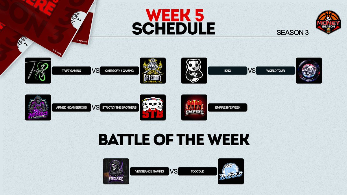 Gaming Club League (GCL) (@thegcl__) on Twitter photo 🏀WEEK 5 SCHEDULE🏀
🤺: <a href="/Trip7Gaming/">Trip7 Gaming 🍀</a> (3-1) vs <a href="/C4onTop/">Category Four 🌪️⚡️</a> (3-1)
🤺: <a href="/IKnoClan2k/">I Kno Clan</a> (2-2) vs <a href="/WorldTourEmpire/">WorldTour</a> (2-2)
🤺: <a href="/ArmdNDangerous/">AnD</a> (2-2) vs @STBclan (0-4)
🤺: <a href="/llEmpireOrg/">TheEmpire</a> (1-3) BYE
💥BATTLE OF THE WEEK💥
🤺: <a href="/2kVengeance/">Vengeance Gaming</a> (4-0) vs <a href="/TooColdOrg/">TooCold Org ❄️</a> (4-0)
Who you got winning? 👀 🏀WEEK 5 SCHEDULE🏀
🤺: <a href="/Trip7Gaming/">Trip7 Gaming 🍀</a> (3-1) vs <a href="/C4onTop/">Category Four 🌪️⚡️</a> (3-1)
🤺: <a href="/IKnoClan2k/">I Kno Clan</a> (2-2) vs <a href="/WorldTourEmpire/">WorldTour</a> (2-2)
🤺: <a href="/ArmdNDangerous/">AnD</a> (2-2) vs @STBclan (0-4)
🤺: <a href="/llEmpireOrg/">TheEmpire</a> (1-3) BYE
💥BATTLE OF THE WEEK💥
🤺: <a href="/2kVengeance/">Vengeance Gaming</a> (4-0) vs <a href="/TooColdOrg/">TooCold Org ❄️</a> (4-0)
Who you got winning? 👀