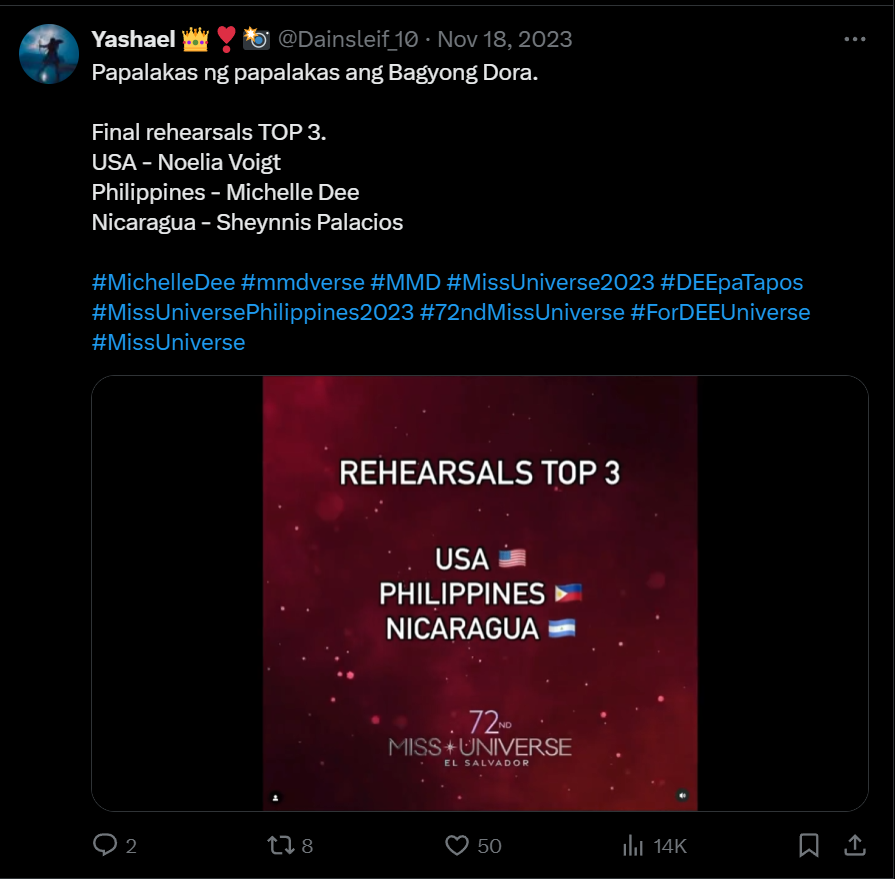 Dainsleif_10's tweet photo. 2 consecutive years pumasok sa TOP 3/5 ang Pilipinas sa rehearsals. So next year alam niyo na. Know when to not speak. 🤭🤐

#ChelseaManalo #ManaloSaMexico #Chel5ea #MissUniverse #MissUniverse2024 #MU2024 #MissUniverseAsia #MMD #MichelleDee https://t.co/2S8w4cKoa9