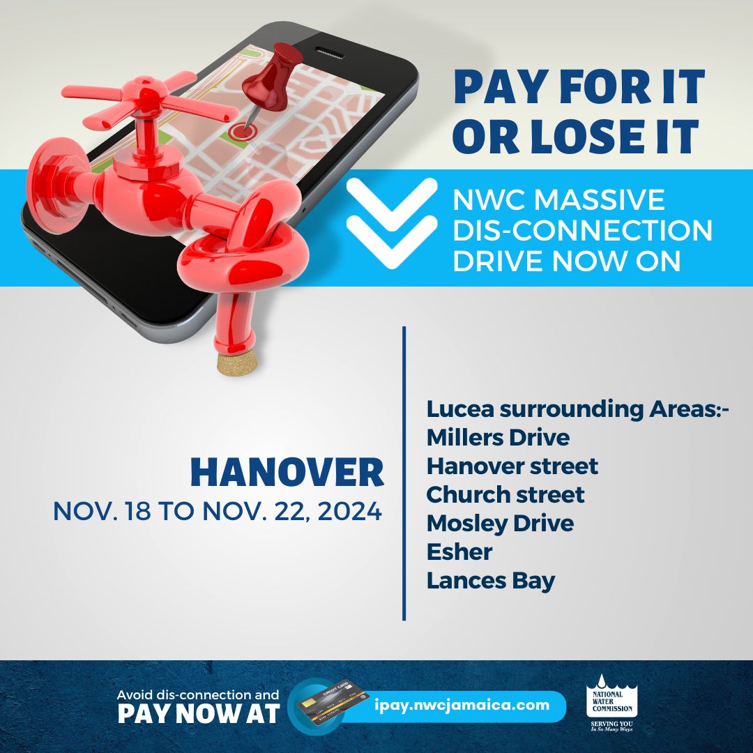 NWCjam's tweet image. NWC's dis-connection drive continues Nov. 18 -22, 2024 for delinquent customers islandwide.
The NWC will be going to targeted communities to dis-connect for outstanding payments, so make arrangements to pay now! We would much rather collect than disconnect. #PayYourPart