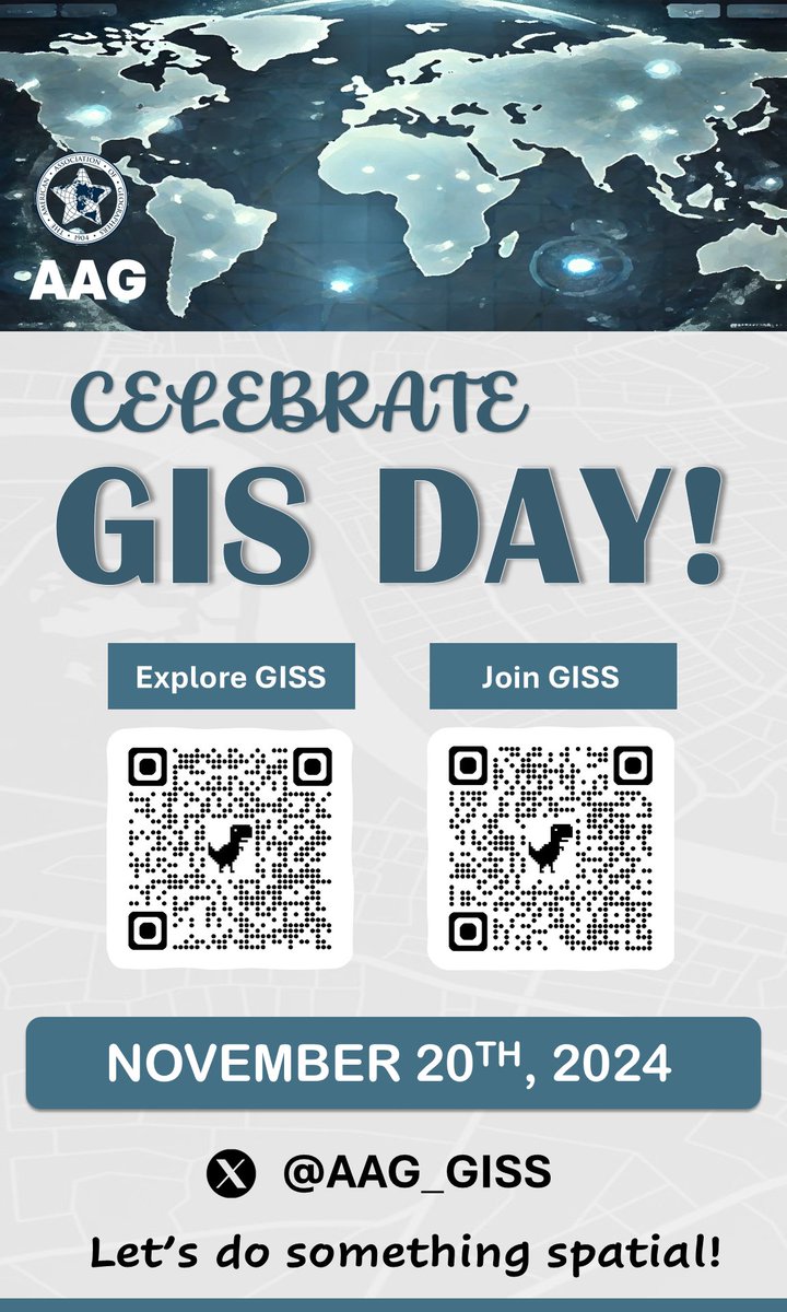 AAG_GISS's tweet image. 🌍✨ Celebrate the GIS Day with us! 🌟
📲 Scan the QR codes to Explore AAG GISS and become part of our growing community!
🎉 Let’s do something spatial!
#GISDay #SpatialScience #Geography #AAG