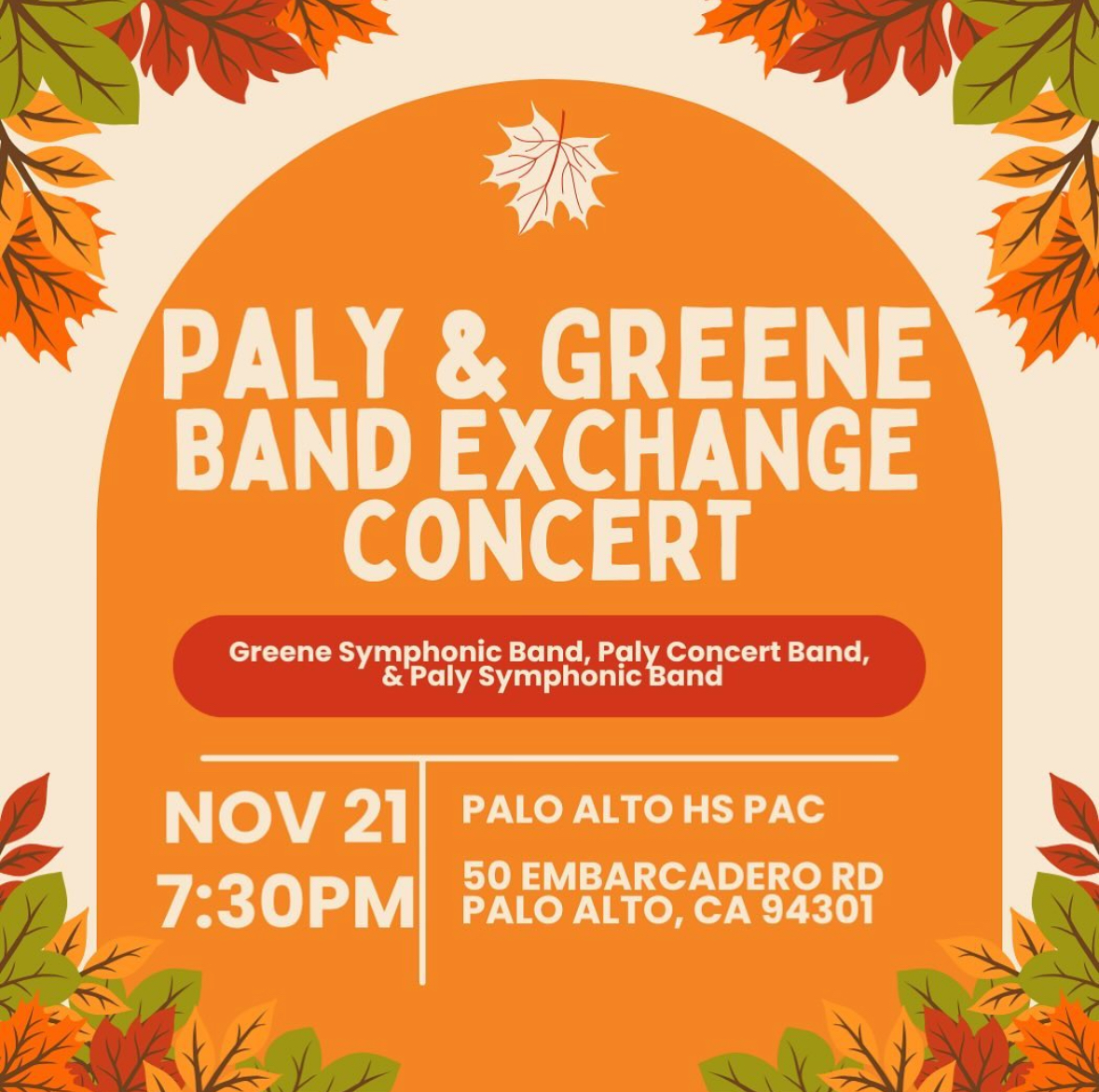 PalyArts's tweet photo. Paly and Greene Bands are coming together for a special exchange concert you won’t want to miss! 🎷🥁🎺 See you on Thursday Nov 21 at 7:30pm at Paly's PAC. 🎶 @PaloAltoUnified @PAUSD_VAPA https://t.co/VUiIZZYN1L