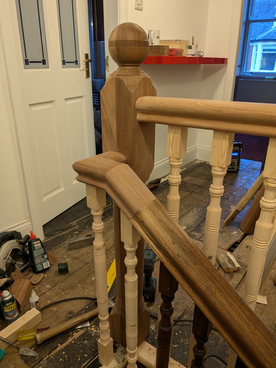 A little staircase repair/refurbishment finished last week. Bespoke mahogany newel posts, mahogany handrail and softwood spindles all turned to match. Treads repaired and decorative brackets replaced. <a href="/Guild_MasterC/">The Guild of Master Craftsmen</a> <a href="/IoCarpenters/">IOCarpenters</a>