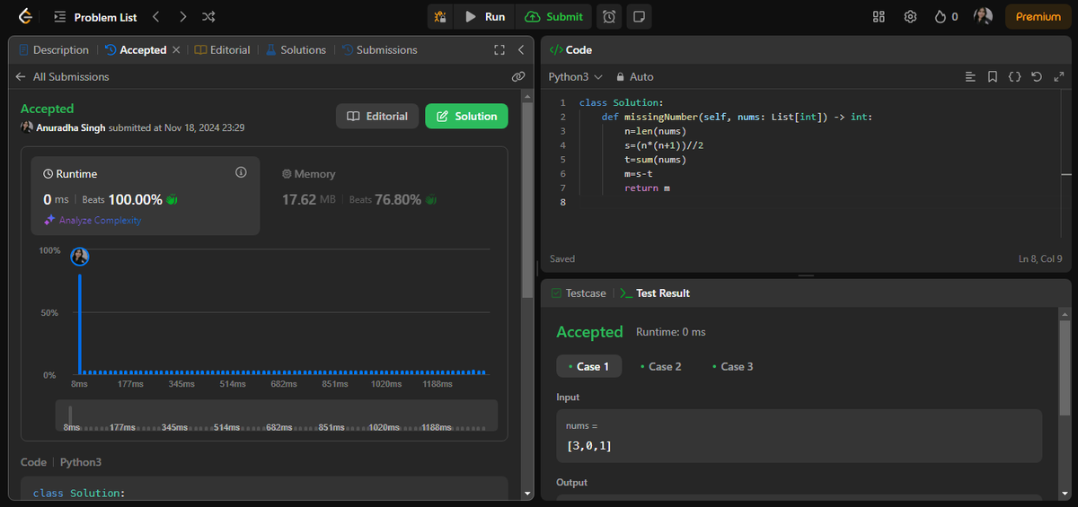 Anu0310Singh's tweet image. #100DaysOfCode #CodingJourney #Pytho #WomenInTech #womenintech #LeetCode 
@striver_79

@takeUforward_

Solved MISSING NUMBER(268) in a time and space complexity of O(N) &amp;amp; O(1) respectively.