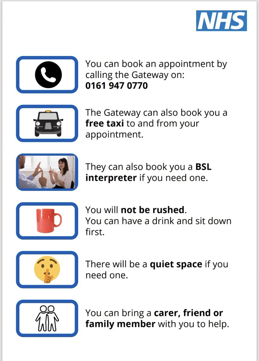 Calm vaccination clinics for adults with learning disabilities, or adults living with a serious mental illness, are being offered at three sites in Manchester. See below for more information ℹ️⬇️