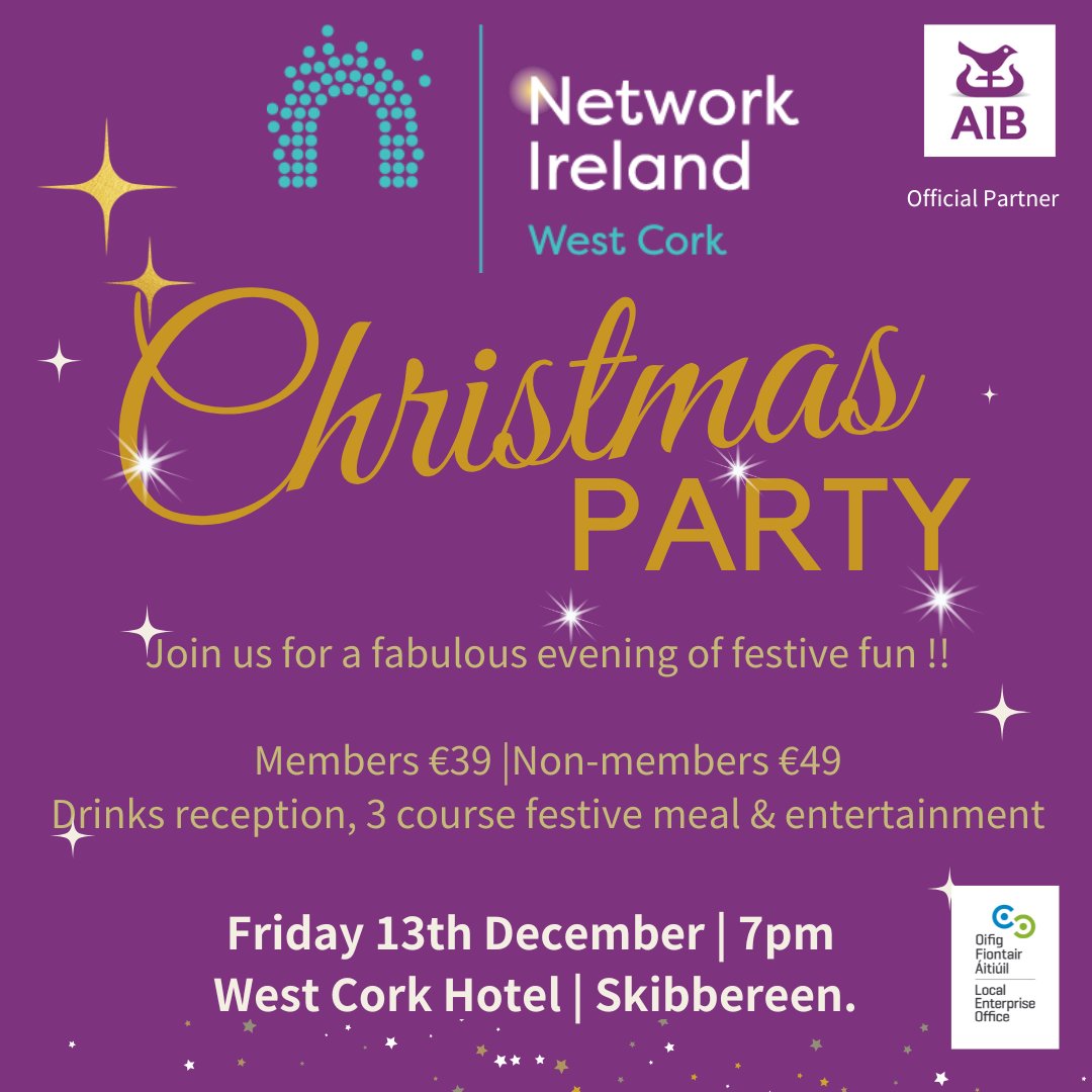 Network Ireland West Cork (@netirlwestcork) on Twitter photo Tickets now available for our Christmas party, which takes place Friday 13th of December from 7pm in the @WestCorkHotel in Skibbereen.
Everyone welcome. Just €39 for members and €49 for non-members, register here networkireland.ie/events/EventDe… #NIWC24 #supportedbyAIB #makeithappen Tickets now available for our Christmas party, which takes place Friday 13th of December from 7pm in the @WestCorkHotel in Skibbereen.
Everyone welcome. Just €39 for members and €49 for non-members, register here networkireland.ie/events/EventDe… #NIWC24 #supportedbyAIB #makeithappen