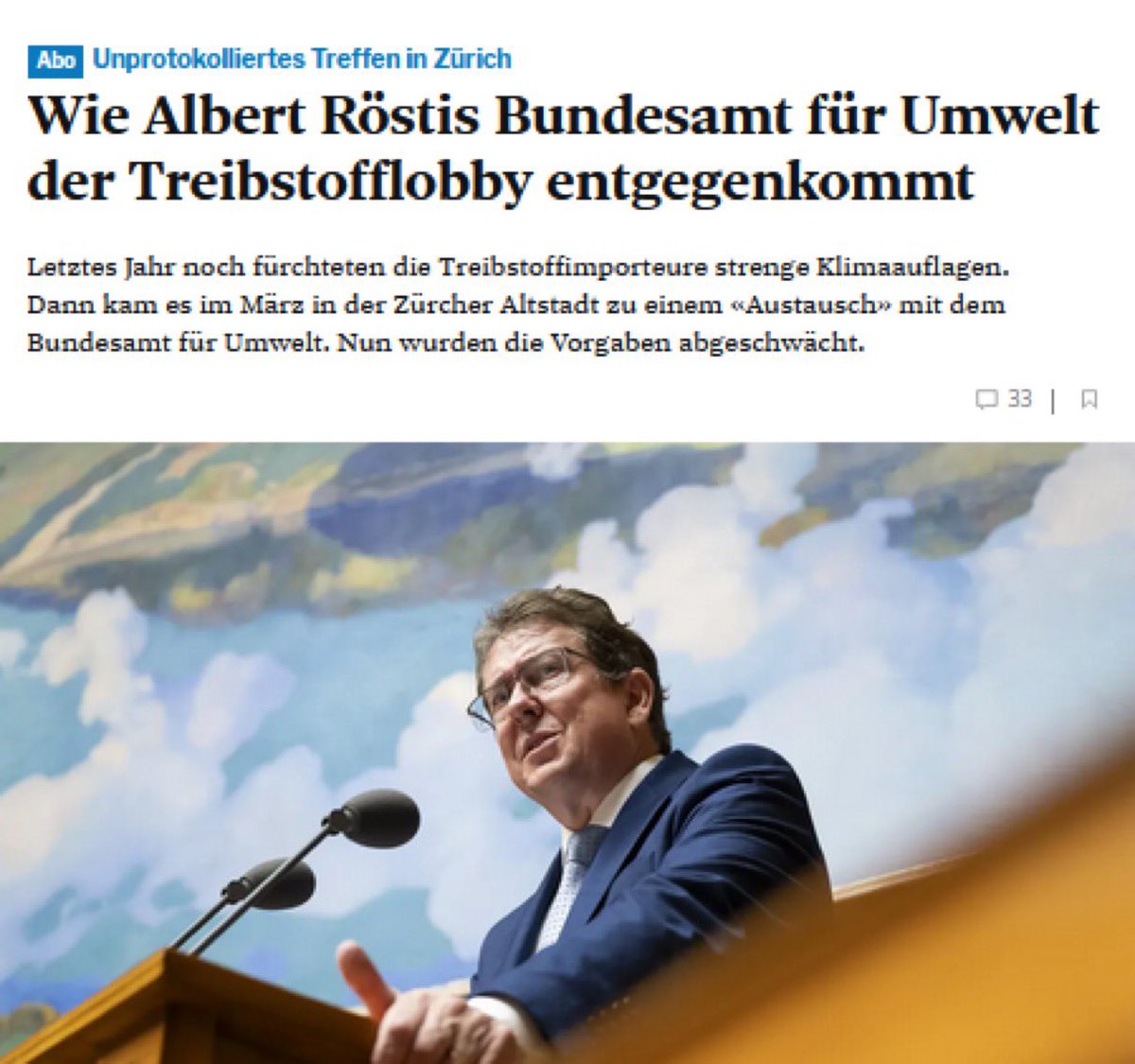 Unser Umweltminister Rösti hat grosse Mühe mit seiner neuen Rolle. Über und unter dem Tisch bedient er seine Kollegen aus der fossilen Branche. Offenbar hemmungslos und unkontrolliert. 
NEIN, das darf nicht sein. NEIN zum Autobahnausbau.