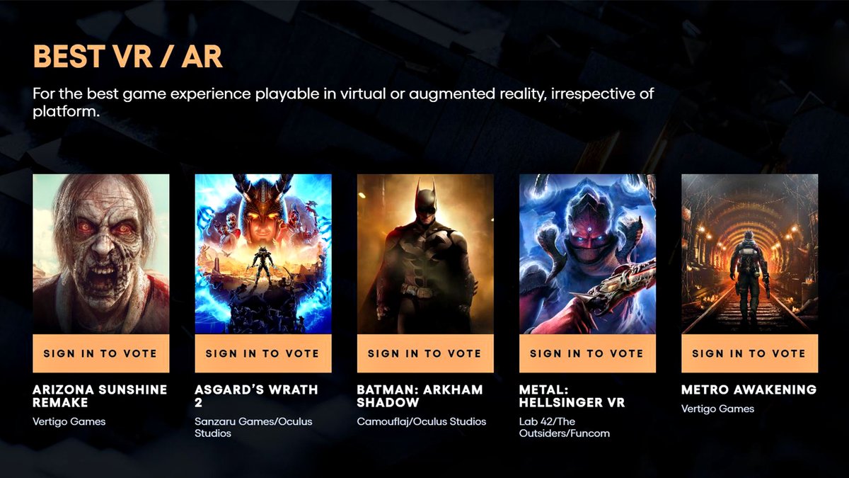 Endeavor One, Inc. (@endeavoroneinc) on Twitter photo Holy nominations, Batman! It is not every day that a title you helped bring to life is nominated for GOTY.
Congrats to nominees: @VertigoGames, <a href="/SanzaruGames/">Sanzaru Games</a>, and <a href="/MetalHellsinger/">Metal: Hellsinger</a>!
And, of course, the mighty <a href="/Camouflaj/">Camouflaj</a>. 🦇
#TheGameAwards #Batman #ArkhamShadow #BecomeTheKnight Holy nominations, Batman! It is not every day that a title you helped bring to life is nominated for GOTY.
Congrats to nominees: @VertigoGames, <a href="/SanzaruGames/">Sanzaru Games</a>, and <a href="/MetalHellsinger/">Metal: Hellsinger</a>!
And, of course, the mighty <a href="/Camouflaj/">Camouflaj</a>. 🦇
#TheGameAwards #Batman #ArkhamShadow #BecomeTheKnight