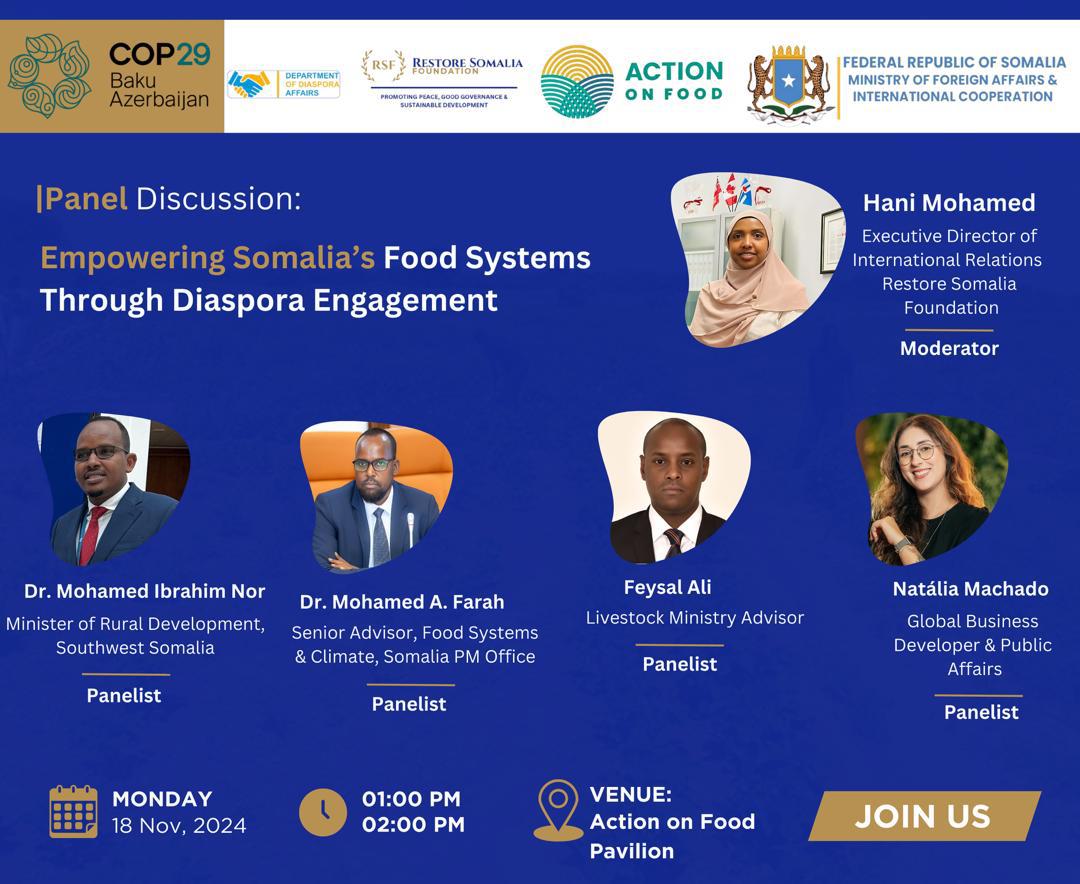 AmbGuure's tweet photo. ‘Empowering Somalia’s Food Systems Through Diaspora Engagement’ a pivotal event where we harness the power of the Somali diaspora to drive sustainable solutions. We continue to empower the diaspora at #COP29 &amp; advance Somalia’s National Diaspora Policy 4 lasting impact &amp; growth. https://t.co/PCiKQTpknU