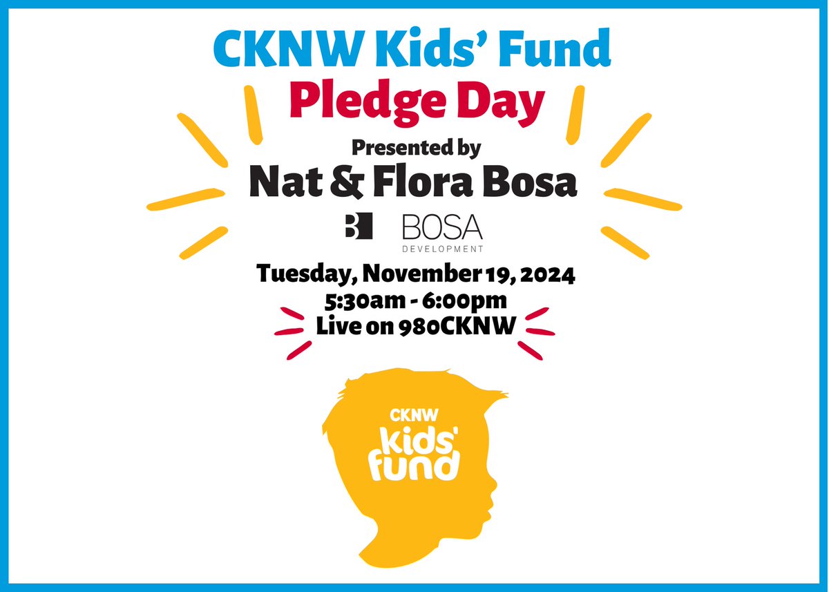 CKNW's tweet photo. Tomorrow on 980 CKNW it's #PledgeDay in support of the @cknwkidsfund! Pledge Day 2024 is presented by the Nat and Flora Bosa Foundation. Listen live from 5:30am - 6:00pm and make your donation by phoning 604-222-9898 or online at https://t.co/Zoe0uAEGJj. https://t.co/bpHo0MJD4y