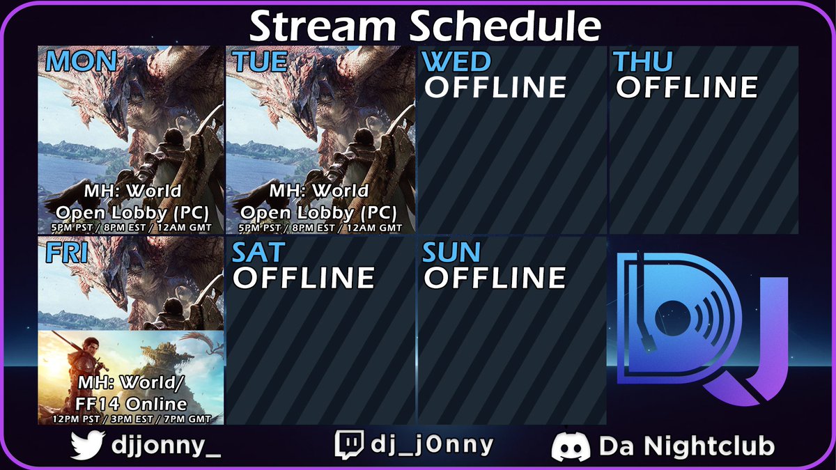 WEEKLY SCHEDULE!
Hey everyone, I'm back! Hope y'all enjoyed your weekend and are ready for some games. Gonna be vibin' in some MH: World this week as well as some FF14 Online (I know, shocker!). Make sure to swing on by. Catch y'all later!