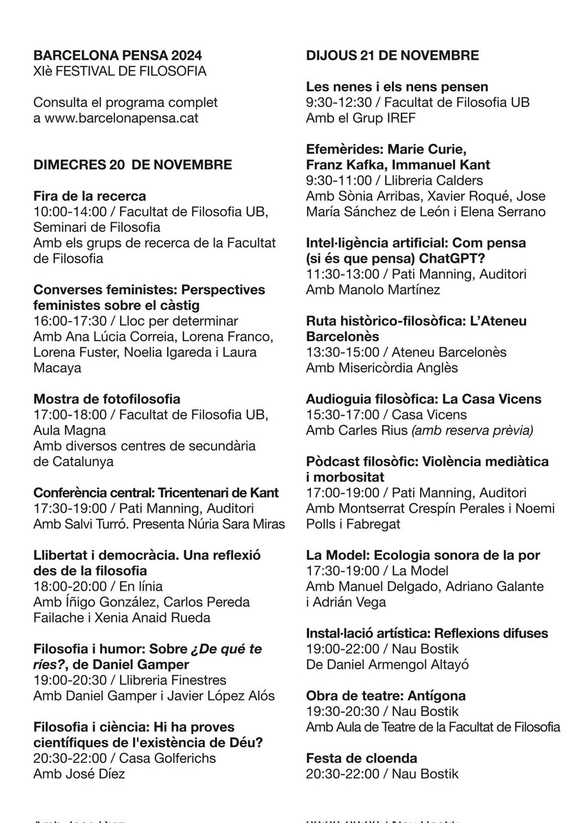 🙌🏻 Aquesta setmana teniu tots i totes una cita amb el Festival Barcelona Pensa!

📆 Dimecres 20 i dijous 21 de novembre

🧵Us expliquem en aquest enfilall totes les activitats que tenim preparades per l'edició d'enguany. Acompanyeu-nos!