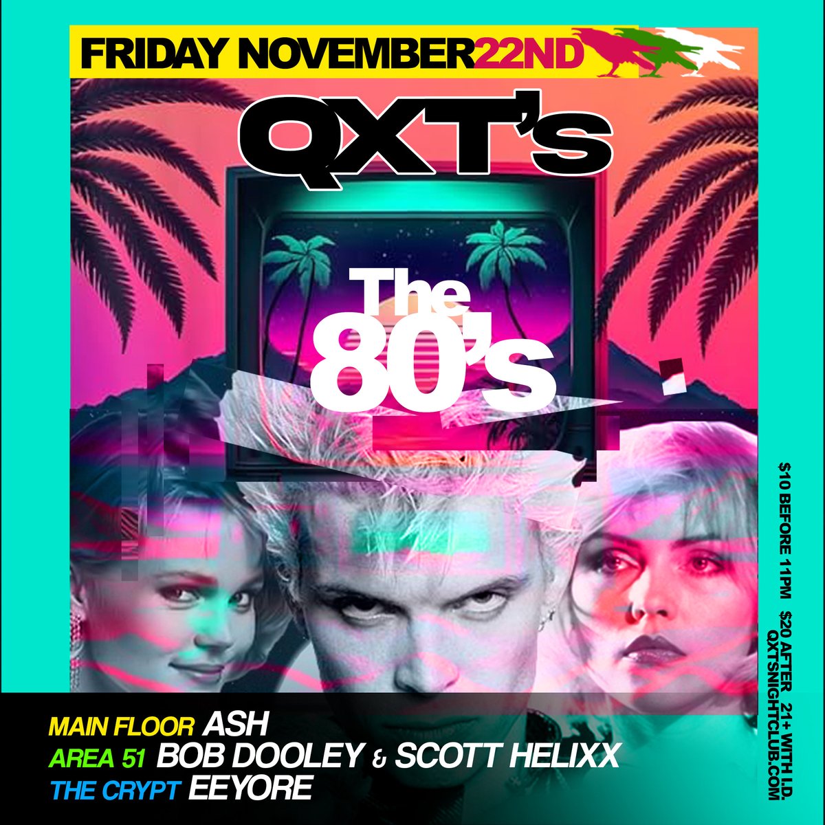 QXT's Nightclub proudly presents:
FLASHBACK FRIDAYS - THE 80's!
Friday, November 22nd
Doors: 10PM 
Cover: $10 before 11PM // $20 after
21+
Kitchen open all night.
Parking on and off street in paid garages &amp; lots // 
Walking distance to Newark Penn Station (PATH and NJ transit)