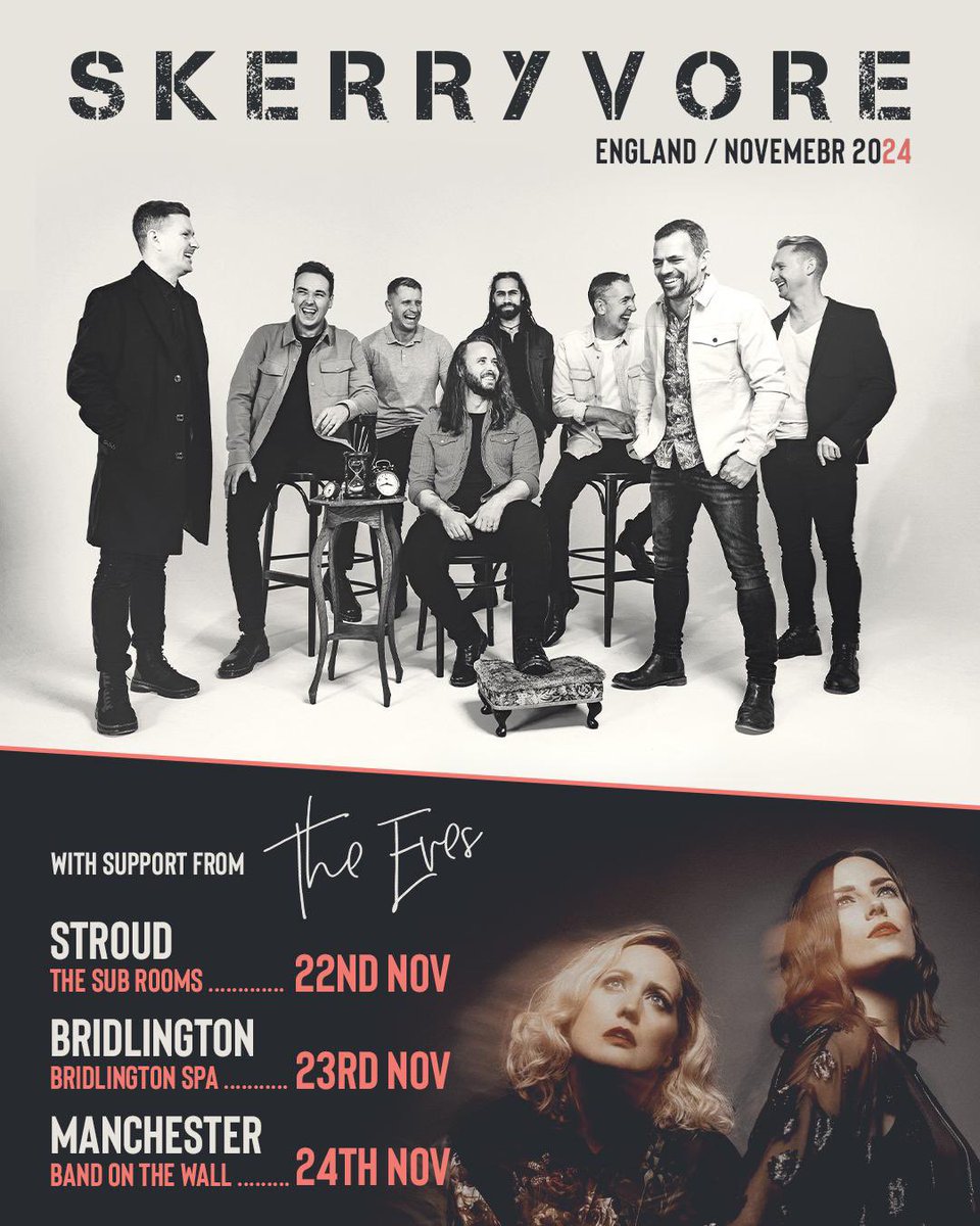 ENGLAND! 🏴󠁧󠁢󠁥󠁮󠁧󠁿 Who wants to see us play our new music?! 

We are on tour opening for our pals <a href="/SKERRYVORE/">SKERRYVORE</a> this weekend. Stroud is completely sold out and limited tickets left for Bridlington and Manchester 🔥

Hope to see our Evelings at a show! ❤️

Tickets: skerryvore.com/tour/