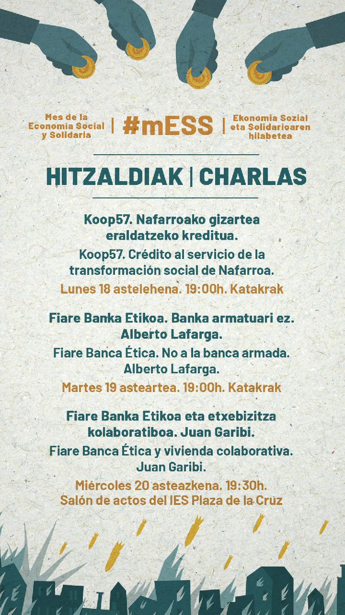 REAS Nafarroa (@reasnavarra) on Twitter photo Hastan gara! Empezamos!
<a href="/Koop57_EH/">Koop57 Euskal Herria</a> inaugura las charlas del #MESS2024 #NoConMiDinero. Si la banca invierte generalmente en el siempre rentable negocio de la guerra, qué proyectos financian las finanzas éticas?
Hoy conoceremos <a href="/hazialdeko/">Hazialdeko</a> y <a href="/salhaketanaf/">Salhaketa Nafarroa</a>, mañana más! Hastan gara! Empezamos!
<a href="/Koop57_EH/">Koop57 Euskal Herria</a> inaugura las charlas del #MESS2024 #NoConMiDinero. Si la banca invierte generalmente en el siempre rentable negocio de la guerra, qué proyectos financian las finanzas éticas?
Hoy conoceremos <a href="/hazialdeko/">Hazialdeko</a> y <a href="/salhaketanaf/">Salhaketa Nafarroa</a>, mañana más!