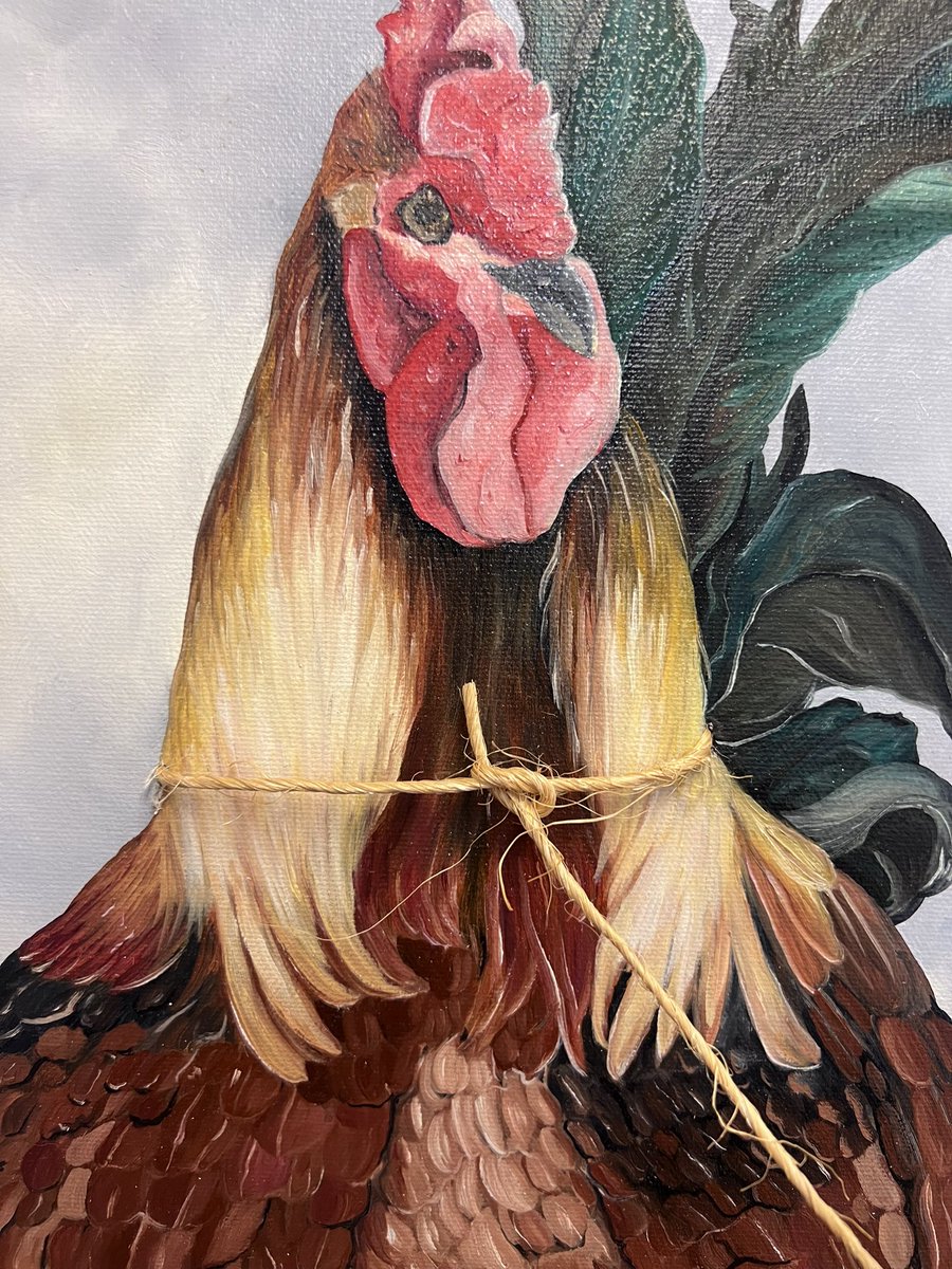 Lynn Freer Turner Billy  “Big Cock &amp; Little Mime” 16” x 20” Oil, acrylic, twine on canvas.  eBay tinyurl.com/3rvsv5tn #outsiderart