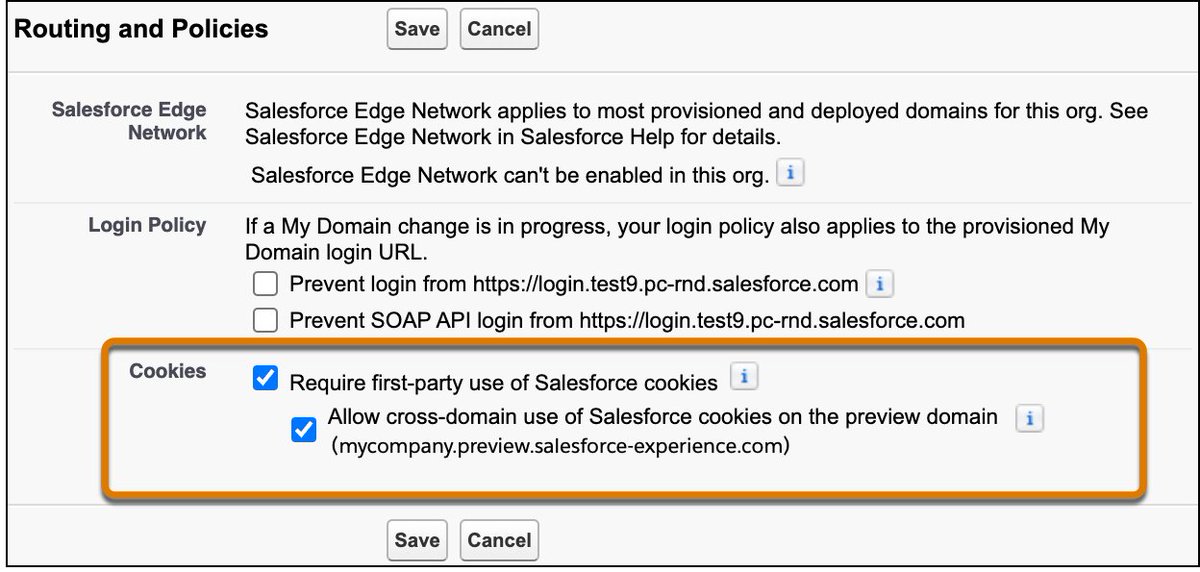 SalesforceDevs's tweet photo. Hey #SalesforceDevs! 👋
Reminder to test your components and organizations in preparation for third-party cookie restrictions. 🍪
In Setup under My Domain, enable "Require first-party use of Salesforce cookies." https://t.co/pYBHPC7LhW