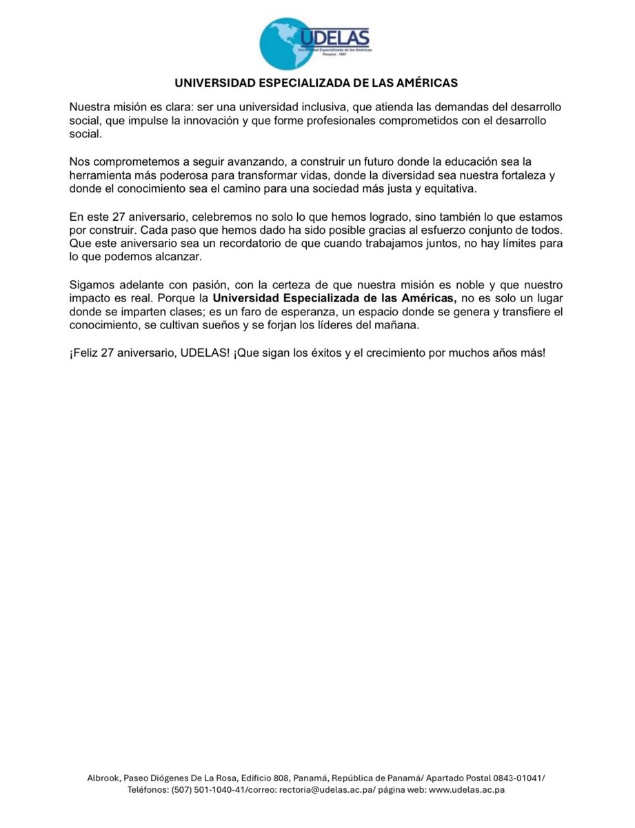 Alocución por el XXVII aniversario de la <a href="/udelasoficial/">UDELAS Universidad</a>: