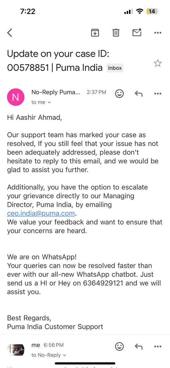 AashirSheikh7's tweet photo. I have purchased a shoes from ajio and the brand was puma and I got defected and the shoes seems to be not original and when I complained, without resolution what I got on email is it is resolved. @AJIOLife @PUMA https://t.co/HaKsqouQuU