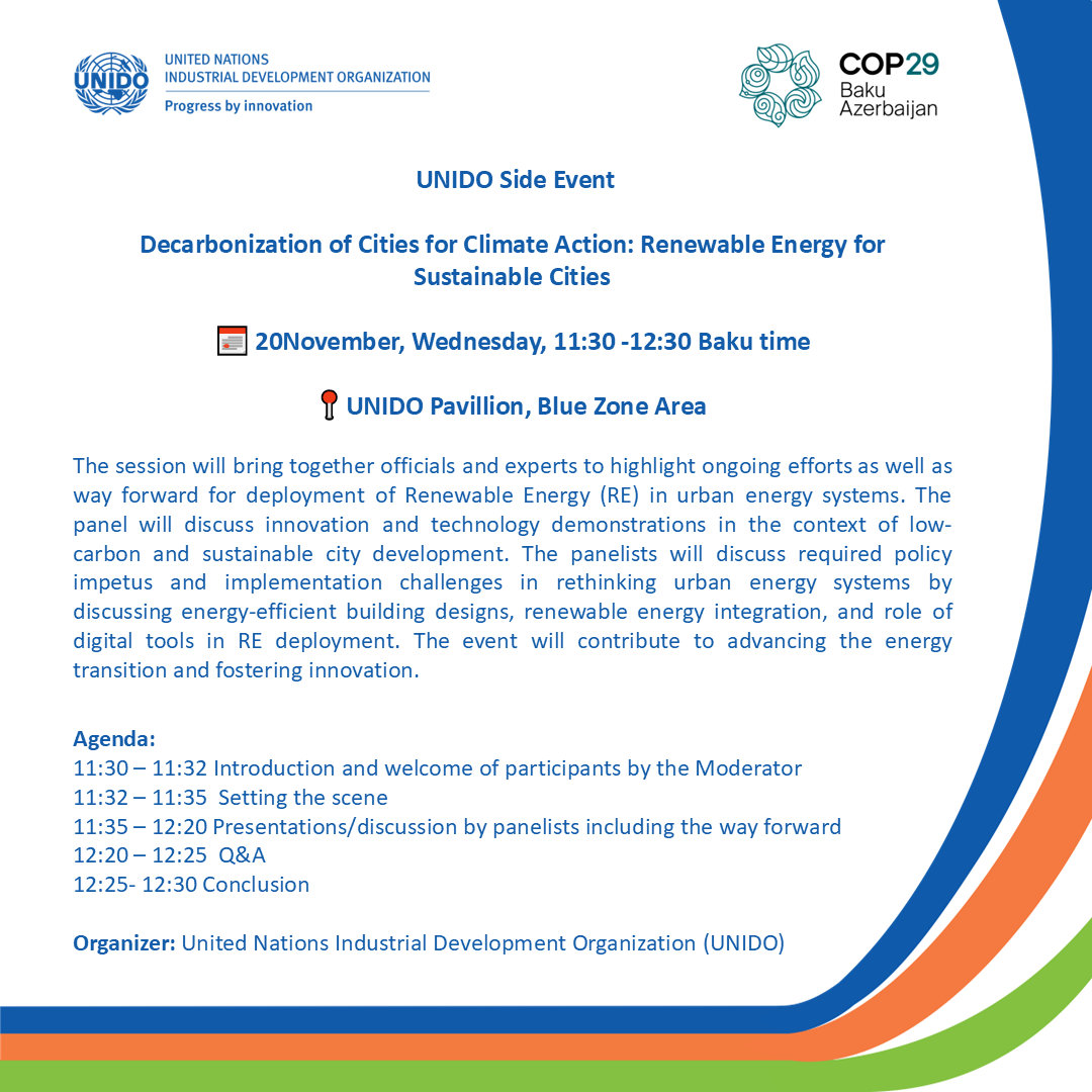 🌍<a href="/UNIDO/">UNIDO</a> at <a href="/COP29_AZ/">COP29 Azerbaijan</a>: Decarbonizing Cities🌱

Join us for two side events on urban sustainability:

1️⃣ Green Building Materials🗓️ 20 Nov, 9:00-10:00 Baku time 📍 UNIDO Pavilion, Blue Zone

2️⃣ Renewable Energy in Cities🗓️ 20 Nov, 11:30-12:30 Baku time 📍 UNIDO Pavilion, Blue Zone