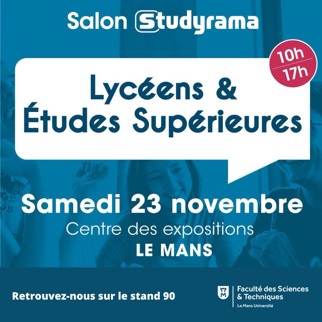 📷 Samedi 23 novembre - 10h-17h
Centre des expositions du Mans
Nos enseignants et nos étudiants seront présents lors du salon Studyrama pour échanger avec vous sur nos formations.
sciences.univ-lemans.fr/fr/index.html
#salonstudyrama
#scienceorientation